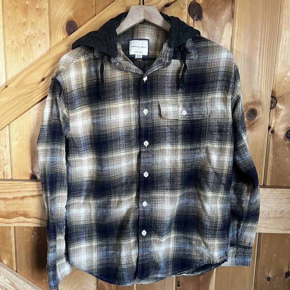 American Eagle Hooded Navy Brown Gray Plaid Flannel Men's‎ Soft Shirt Size Small